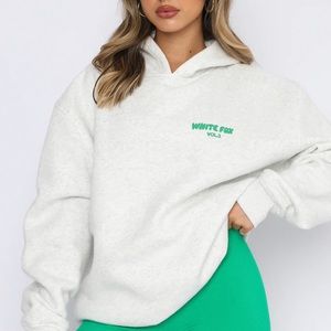 white fox hoodie, grey and green, extremely cozy, size (s/m), had for 3months